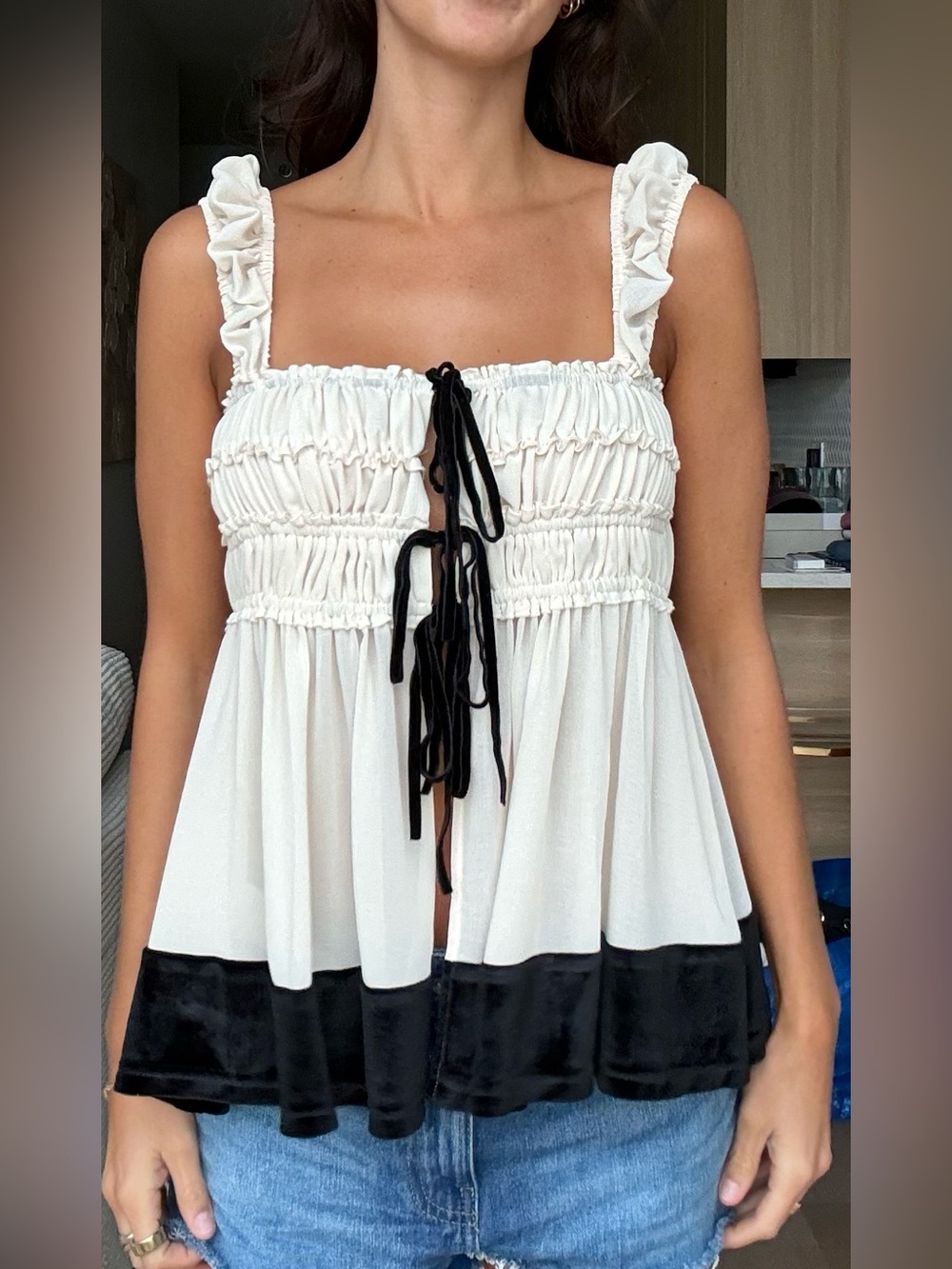Urban Outfitters Cream and Black Ruffle Smocked Camisole